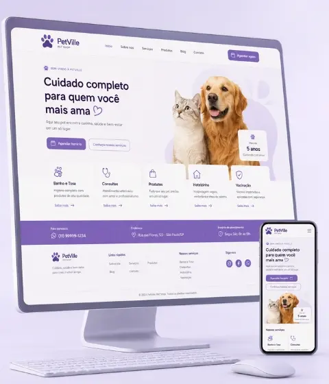 Site profissional responsivo exibido em tela de computador e celular com páginas de serviço e contato