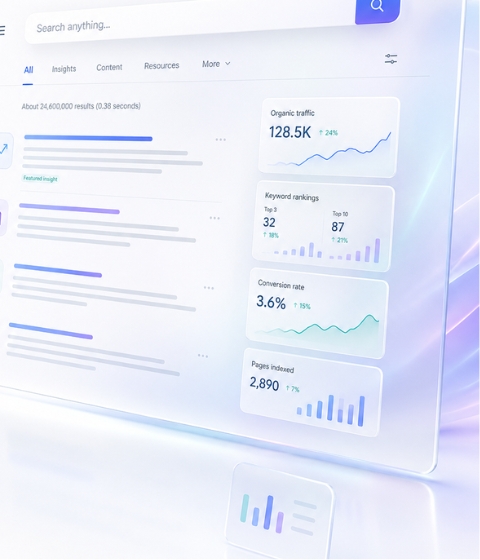 Dashboard com dados de tráfego orgânico, palavras-chave, conversão e páginas indexadas