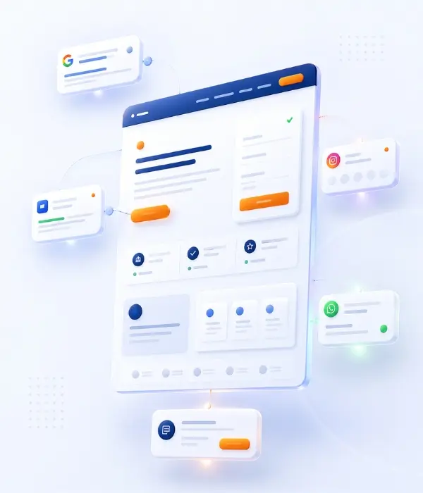 Fluxo digital com site, busca, redes sociais e canal de contato até o pedido de orçamento