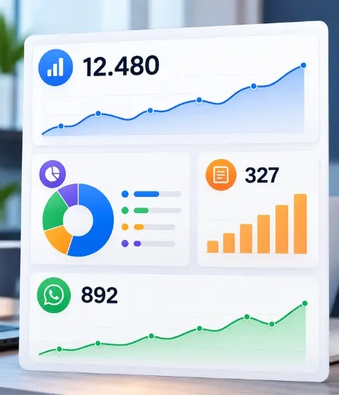Painel de métricas com visitas ao site, envios de formulário e cliques no WhatsApp