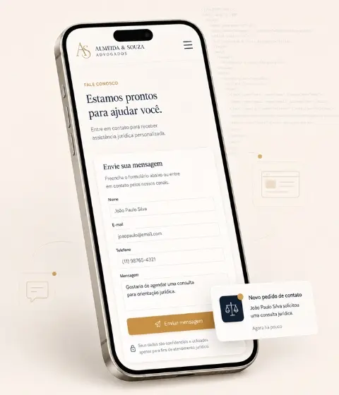 Site institucional com formulário de contato preenchido e notificação de novo pedido de orçamento