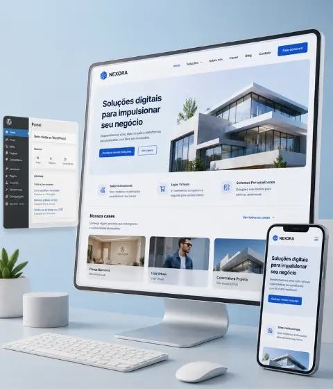 Site WordPress profissional exibido em tela de computador e celular com painel administrativo