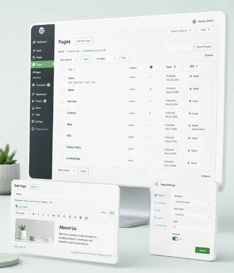 Painel do WordPress com lista de páginas, editor de conteúdo e menu de configurações